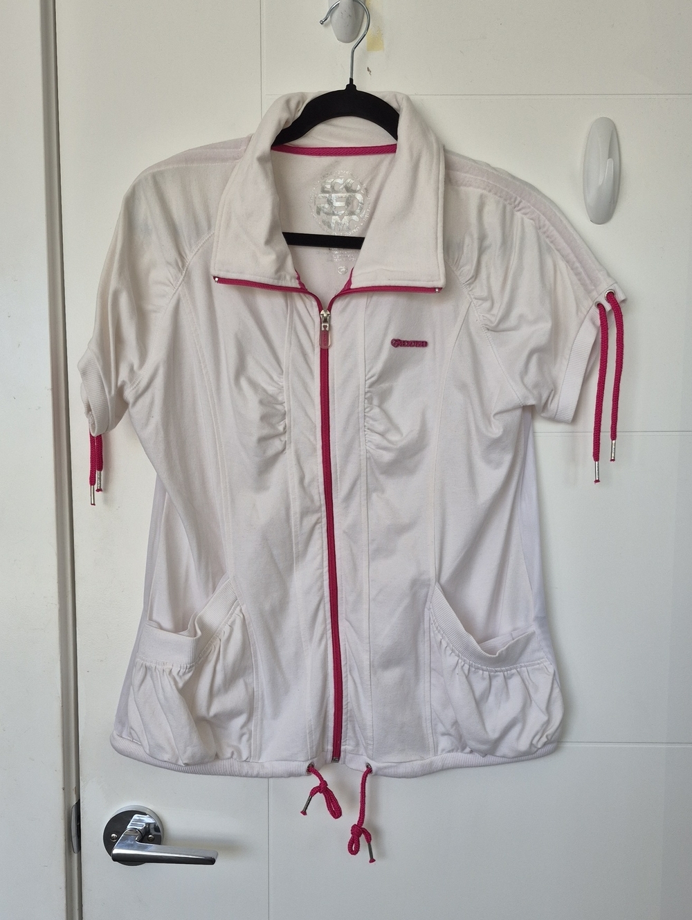 Echo Red White Short-Sleeve Zip Jacket with Pink Trim
